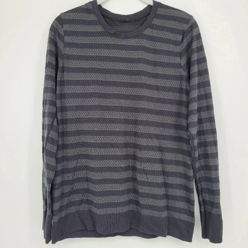 Lululemon stripe grey black breathable long sleeve breezy  top size 6